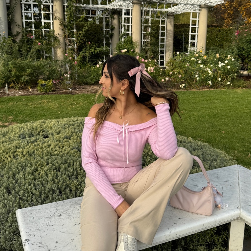 Princess Polly Pink Ribbed Off-Shoulder Sweater